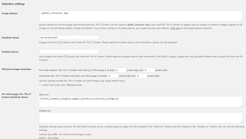 jQuery Pin It Button settings