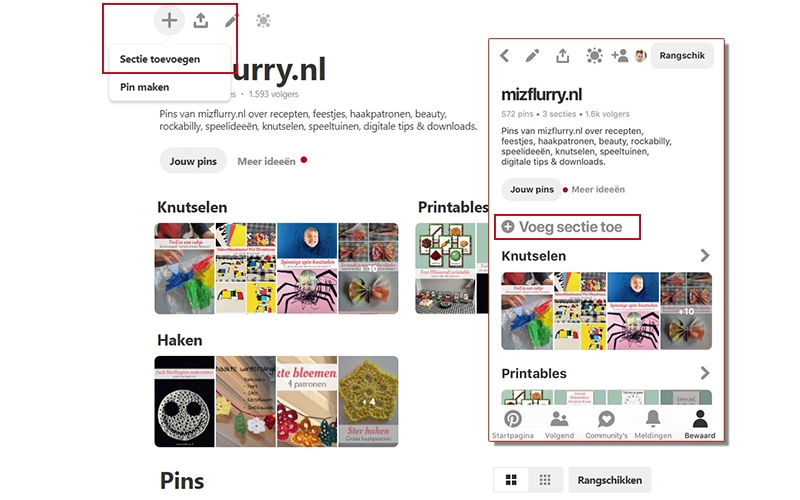 pinterest bord sectie toevoegen website app