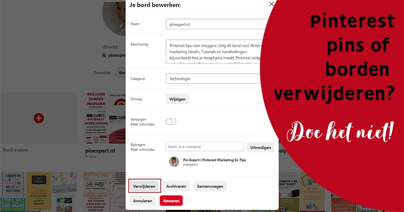 pinterest pins borden verwijderen