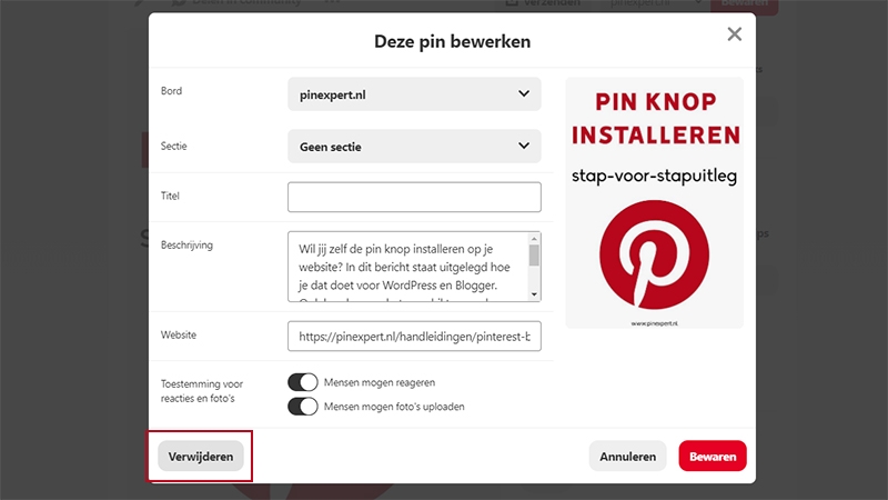 pinterest pin verwijderen