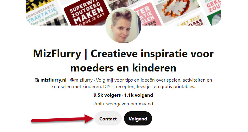 Screenshot contact button Pinterest profiel