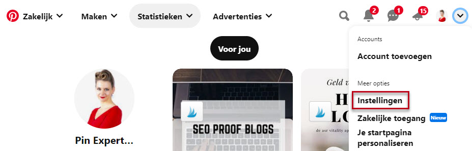 Screenshot instellingen Pinterest