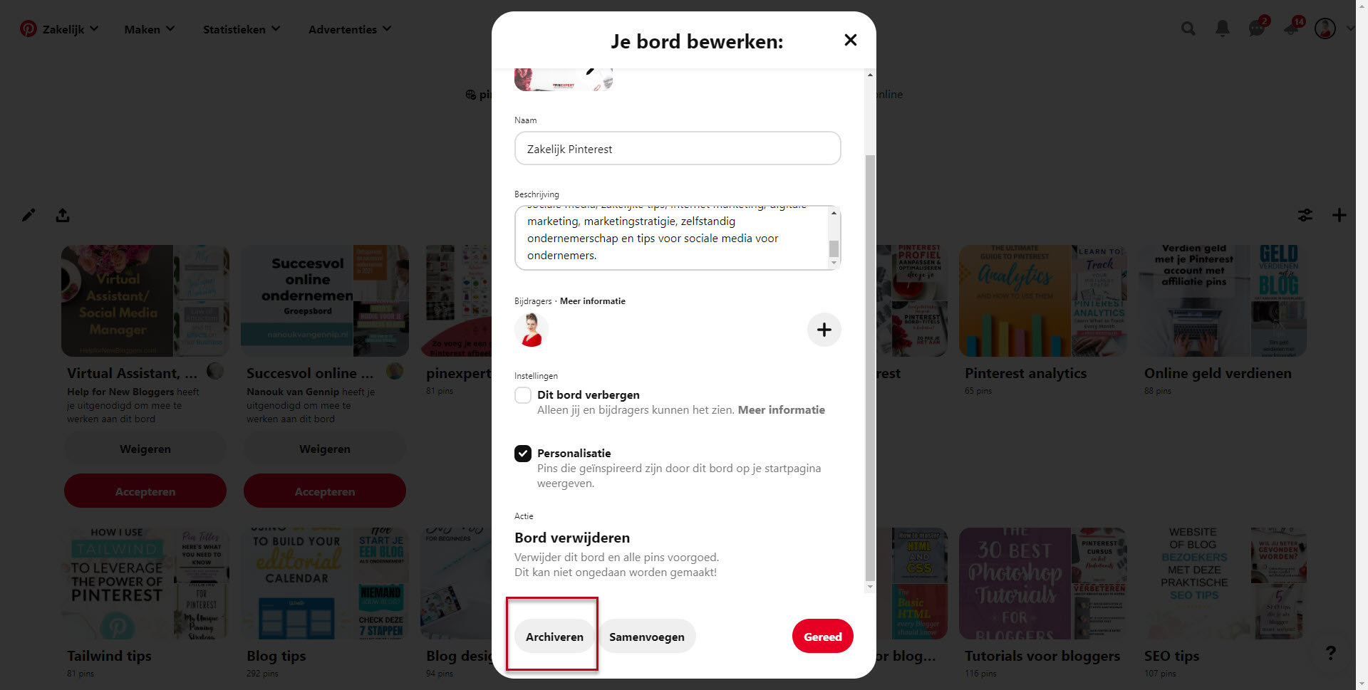 Pinterest borden archiveren