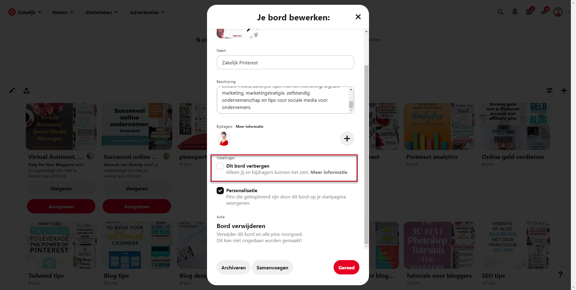 Pinterest borden geheim maken