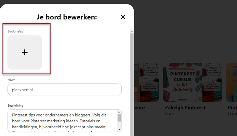 Printscreen Pinterest-bordomslag instellen.